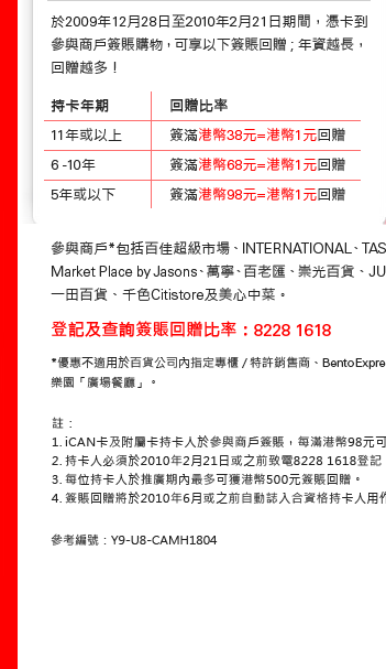 於2009年12月28日至2010年2月21日期間，憑卡到參與商戶簽賬購物，可享以下簽賬回贈；年資越長，回贈越多！

持卡年期        回贈比率
11年或以上      簽滿港幣38元=港幣1元回贈
6 -10年        簽滿港幣68元=港幣1元回贈
5年或以下       簽滿港幣98元=港幣1元回贈

參與商戶*包括百佳超級市場、INTERNATIONAL、TASTE、惠康超級市場、ThreeSixty、Market Place by Jasons、萬寧、百老匯、崇光百貨、JUSCO、JUSCO SUPERMARKET、一田百貨、千色Citistore及美心中菜。

登記及查詢簽賬回贈比率： 8228 1618

*優惠不適用於百貨公司內指定專櫃／特許銷售商、Bento Express、獨立JUSCO 10元廣場及香港迪士尼樂園「廣場餐廳」。

註：
1.	iCAN卡及附屬卡持卡人於參與商戶簽賬，每滿港幣98元可獲港幣1元回贈。
2.	持卡人必須於2010年2月21日或之前致電8228 1618登記。
3.	每位持卡人於推廣期內最多可獲港幣500元簽賬回贈。
4.	簽賬回贈將於2010年6月或之前自動誌入合資格持卡人用作登記的信用卡戶口內。

參考編號：Y9-U8-CAMH1804
