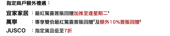 指定商戶額外禮遇：
宜家家居：最紅驚喜簽賬回贈加推至逢星期二‡
萬寧：專享雙倍最紅驚喜簽賬回贈¶及額外10%簽賬回贈§
JUSCO：指定貨品低至7折