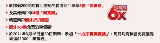 • 於超過200間附有此標記的特選商戶專享6倍「獎賞錢」
• 及其他商戶享4倍「獎賞錢」
• 精選商戶額外折扣優惠
• 額外2小時免費泊車優惠*
• 於2011年6月18日至30日期間，參加「一拍即賞獎賞錢」†，每日均有機會免費獲得高達$1000「獎賞錢」。