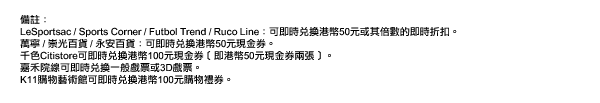 備註：
LeSportsac / Sports Corner / Futbol Trend / Ruco Line：可即時兌換港幣50元或其倍數的即時折扣。 
萬寧 / 崇光百貨 / 永安百貨：可即時兌換港幣50元現金券。 
千色Citistore可即時兌換港幣100元現金券﹝即港幣50元現金券兩張﹞。 
嘉禾院線可即時兌換一般戲票或3D戲票。 
K11購物藝術館可即時兌換港幣100元購物禮券。