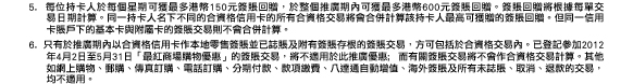 5.  每位持卡人於每個星期可獲最多港幣150元簽賬回贈，於整個推廣期內可獲最多港幣600元簽賬回贈。簽賬回贈將根據每單交易日期計算。同一持卡人名下不同的合資格信用卡的所有合資格交易將會合併計算該持卡人最高可獲贈的簽賬回贈。但同一信用卡賬戶下的基本卡與附屬卡的簽賬交易則不會合併計算。
6. 只有於推廣期內以合資格信用卡作本地零售簽賬並已誌賬及附有簽賬存根的簽賬交易，方可包括於合資格交易內。已登記參加2012年4月2日至5月31日「最紅商場購物優惠」的簽賬交易，將不適用於此推廣優惠; 而有關簽賬交易將不會作合資格交易計算。其他如網上購物、郵購、傳真訂購、電話訂購、分期付款、款項繳費、八達通自動增值、海外簽賬及所有未誌賬、取消、退款的交易，均不適用。 