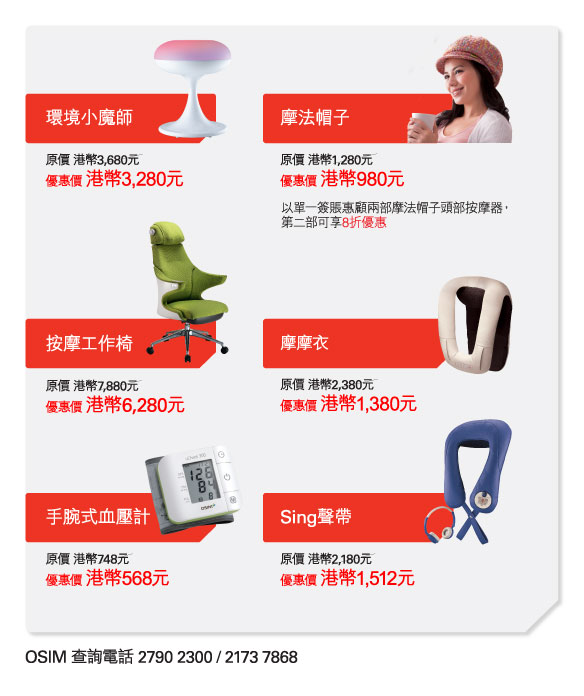 環境小魔師  | 
原價 港幣3,680元
優惠價 港幣3,280元

摩法帽子  | 
原價 港幣1,280元
優惠價 港幣980元

以單一簽賬惠顧兩部摩法帽子頭部按摩器，第二部可享8折優惠

按摩工作椅  | 
原價 港幣7,880元
優惠價 港幣6,280元

摩摩衣  | 
原價 港幣2,380元
優惠價 港幣1,380元 

手腕式血壓計  | 
原價 港幣748元
優惠價 港幣568元

Sing聲帶  | 
原價 港幣2,180元
優惠價 港幣1,512元

OSIM 查詢電話 2790 2300 / 2173 7868