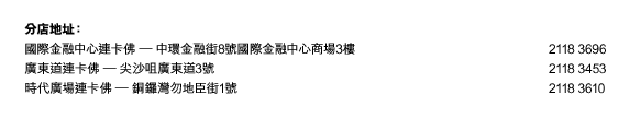 分店地址：
國際金融中心連卡佛 – 中環金融街8號國際金融中心商場3樓  |  2118 3696
廣東道連卡佛 – 尖沙咀廣東道3號  |  2118 3453
時代廣場連卡佛 – 銅鑼灣勿地臣街1號  |  2118 3610