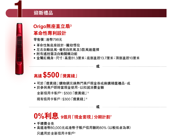 1 迎新禮品
Origo無座直立扇(3)
革命性專利設計
零售價：港幣798元
• 革命性無底座設計，纖幼慳位
• 左右自動送風，備有自然風及3款風速選擇
• 附有遙控器及自動關機功能
• 金屬紅機身，尺寸：高度81.3厘米；底部直徑13.7厘米；頂部直徑10厘米
或
高達$500「獎賞錢」 
• 可於「獎賞錢」購物網兌換熱門商戶現金券或換購精選禮品，或
• 於參與商戶即時當現金使用，以扣減消費金額
全新信用卡客戶(4)：$500「獎賞錢」(5) 
現有信用卡客戶：$300「獎賞錢」(6) 
或
0%利息 9個月「現金套現」分期計劃(7) 
• 手續費全免
• 高達港幣80,000元或港幣子賬戶信用額的80%（以較低者為準）只適用於全新信用卡客戶(4)