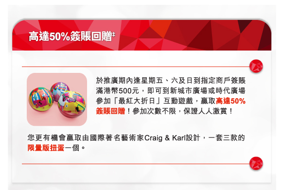 高達50%簽賬回贈‡
於推廣期內逢星期五、六及日到指定商戶簽賬滿港幣500元，即可到新城市廣場或時代廣場參加「最紅大折日」互動遊戲，贏取高達50%簽賬回贈！參加次數不限，保證人人激賞！

您更有機會贏取由國際著名藝術家Craig & Karl設計，一套三款的限量版扭蛋一個。