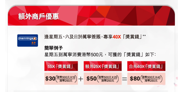 額外商戶優惠
          
萬寧
逢星期五、六及日於萬寧簽賬，專享40X「獎賞錢」**
簡單例子
星期五到萬寧消費港幣500元，可獲的「獎賞錢」如下﹕  

15X 「獎賞錢」$30 (港幣500元x15/港幣250元)
+
額外25X「獎賞錢」 $50 (港幣500元x25/港幣250元)
=
合共40X「獎賞錢」 $80 (港幣500元x40/港幣250元)