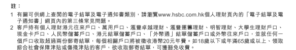 註：
(1) 有關可供網上查閱的電子結單及電子通知書類別，請瀏覽www.hsbc.com.hk個人理財頁內的「電子結單及電子通知書」網頁內的第三條常見問題。
(2) 客戶持有個人理財港元往來戶口、萬用戶口、匯豐卓越理財、匯豐運籌理財、明智理財、大學生理財戶口、現金卡戶口、人民幣儲蓄戶口、港元結單儲蓄戶口、「外幣通」結單儲蓄戶口或外幣往來戶口，並就任何一個戶口收取超過兩份郵寄結單，每個相關戶口將被徵收港幣20元年費。如18歲以下或年滿65歲或以上、領取綜合社會保障津貼或傷殘津貼的客戶，欲收取郵寄結單，可獲豁免收費。
