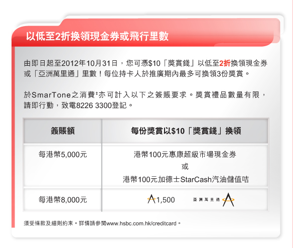 以低至2折換領現金券或飛行里數
          
由即日起至2012年10月31日，您可憑$10「獎賞錢」以低至2折換領現金券或「亞洲萬里通」里數！每位持卡人於推廣期內最多可換領3份獎賞。

於SmarTone之消費‡亦可計入以下之簽賬要求。獎賞禮品數量有限，請即行動，致電8226 3300登記。

簽賬額每港幣5,000元 
每份獎賞以$10「獎賞錢」換領港幣100元惠康超級市場現金券或港幣100元加德士StarCash汽油儲值咭
簽賬額每港幣8,000元	
每份獎賞以$10「獎賞錢」換領1,500「亞洲萬里通」里數

須受條款及細則約束。詳情請參閱www.hsbc.com.hk/creditcard。