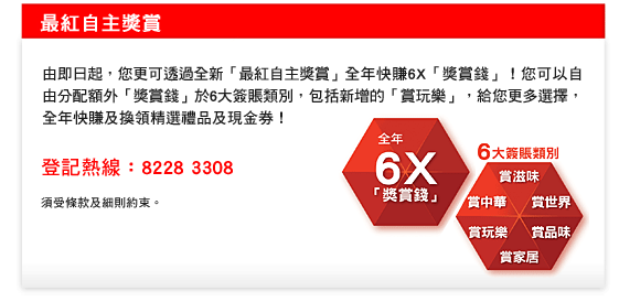 最紅自主獎賞
由即日起，您更可透過全新「最紅自主獎賞」全年快賺6X「獎賞錢」！您可以自由分配額外「獎賞錢」於6大簽賬類別，包括新增的「賞玩樂」，給您更多選擇，全年快賺及換領精選禮品及現金券！
登記熱線：8228 3308
須受條款及細則約束。

全年6X 「獎賞錢」
6大簽賬類別
賞滋味
賞世界
賞品味
賞家居
賞玩樂
賞中華