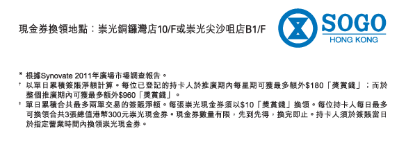 最現金券換領地點：崇光銅鑼灣店10/F或崇光尖沙咀店B1/F
          
*	根據Synovate 2011年廣場市場調查報告。
†	以單日累積簽賬淨額計算。每位已登記的持卡人於推廣期內每星期可獲最多額外$180「獎賞錢」；而於整個推廣期內可獲最多額外$960「獎賞錢」。
‡	單日累積合共最多兩單交易的簽賬淨額。每張崇光現金券須以$10「獎賞錢」換領。每位持卡人每日最多可換領合共3張總值港幣300元崇光現金券。現金券數量有限，先到先得，換完即止。持卡人須於簽賬當日於指定營業時間內換領崇光現金券。