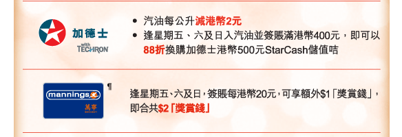 加德士 | 
          •	汽油每公升減港幣2元
•	逢星期五、六及日入汽油並簽賬滿港幣400元，即可以88折換購加德士港幣500元StarCash儲值咭
萬寧¶ | 逢星期五、六及日，簽賬每港幣20元，可享額外$1「獎賞錢」，即合共$2「獎賞錢」
