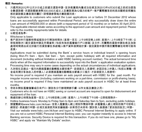 備註 Remarks:
1. 只適用於2012年12月31日或之前遞交貸款申請，並於推廣期內獲成功批核及於2013年4月30日或之前成功提取全數貸款額，而貸款額達港幣300,000元或以上及還款期為12個月的客戶。客戶實際獲享的利息回贈將按照獲批核的貸款額及還款期而釐訂。詳情請參閱每月還款額列表。Only applicable to customers who submit the Loan applications on or before 31 December 2012 whose loans are successfully approved within Promotional Period, and who successfully draw down the entire Loan amount of HK$300,000 or above (with a repayment period of 12 months) on or before 30 April 2013. The applicable interest rebate varies according to the approved Loan amount and repayment period. Please refer to the monthly repayments table for details.  2. 以較低者為準。Whichever is lower.  3. 客戶須於本行服務時間或個別分行開放時間內（星期一至五：上午9時至晚上8時；星期六：上午9時至下午1時；公眾假期除外）遞交貸款申請及所需資料（包括有效的匯豐銀行戶口號碼）及文件；而實際的貸款申請批核及放款處理時間將由成功於銀行的貸款審批系統輸入客戶資料後開始計算。個別貸款申請所需的實際審批時間可能有差異。Applications must be submitted during the Bank’s service hours or individual branch’s opening hours (being Mon-Fri 9am - 8pm, Sat 9am - 1pm, except public holidays) with all required information and document (including without limitation a valid HSBC banking account number). The actual turnaround time starts when all the required information is successfully input into the Bank’s application evaluation system. Processing time may vary in some cases depending on the actual circumstances of individual applications.  4. 凡於現在及過去一個月內透過匯豐自動轉賬支薪的客戶，毋須提交入息證明；非固定收入申請人（包括以兼職、佣金或利潤分享為收入的申請人）必須透過匯豐自動轉賬支薪最少三個月，才毋須提交入息證明。No income proof is required if you maintain an auto payroll amount with HSBC for the  past month. For irregular income earners (including customers working on a part-time, commission or profit-sharing basis), no income proof is required if they have maintained an auto payroll account in HSBC for at least three months.  5. 您若未開設匯豐儲蓄或往來戶口，請到各分行辦理開辦手續，以作支賬及還款之用。Customers who do not have an HSBC saving or current account are required to open for disbursement and repayment of the loan.  6. 熱線的辦公時間為星期一至五：上午9時至晚上8時；星期六：上午9時至下午5時。公眾假期除外。Hotline business hours: Monday to Friday 9am to 8pm and Saturday 9am to 5pm, excluding public holidays.   7. 請瀏覽網站www.hsbc.com.hk/loan，並登入匯豐個人網上理財作簡易申請；非匯豐個人網上理財的客戶可即時上網登記，然後進行申請。此項交易須使用保安編碼器。如果您仍未持有，請於登入後透過「更改我的設定」申請。Visit our website www.hsbc.com.hk/loan and logon to HSBC Personal Internet Banking to apply online. If you are not a current HSBC Personal Internet Banking user, you can register instantly to access to Internet Banking services. Security Device is required for this transaction. If you do not have one, please go to “My HSBC” and apply via “Maintain My Details” section.