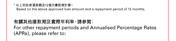 * 以上列批核貸款額及12個月還款期計算。
   Based on the above approved loan amount and a repayment period of 12 months.
有關其他還款期及實際年利率，請參閱：
For other repayment periods and Annualised Percentage Rates (APRs), please refer to:
