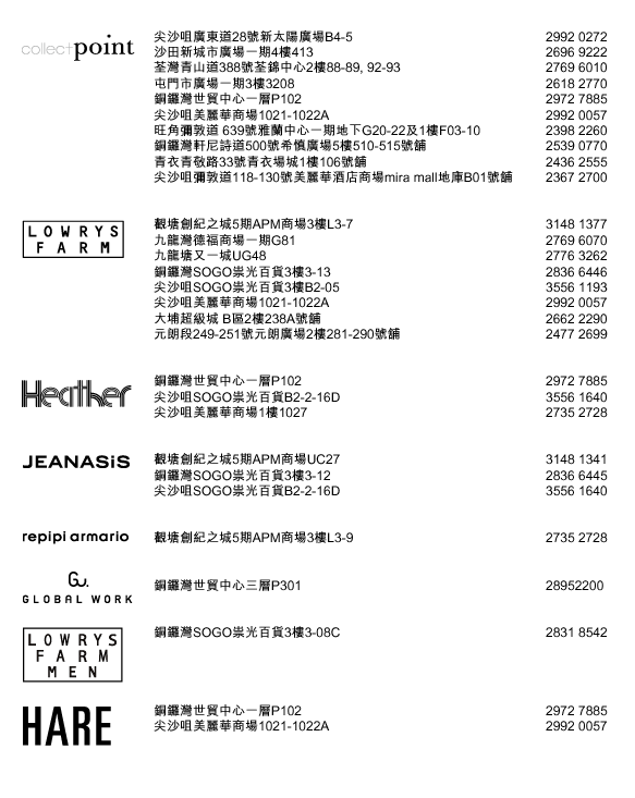 collect point
尖沙咀廣東道28號新太陽廣場B4-5 2992 0272
沙田新城市廣場一期4樓413 2696 9222
荃灣青山道388號荃錦中心2樓88-89, 92-93 2769 6010
屯門市廣場一期3樓3208 2618 2770
銅鑼灣世貿中心一層P102 2972 7885
尖沙咀美麗華商場1021-1022A 2992 0057
旺角彌敦道 639號雅蘭中心一期地下G20-22及1樓F03-10 2398 2260
銅鑼灣軒尼詩道500號希慎廣場5樓510-515號舖 2539 0770
青衣青敬路33號青衣場城1樓106號舖 2436 2555
尖沙咀彌敦道118-130號美麗華酒店商場mira mall地庫B01號舖 2367 2700

LOWRYS FARM
觀塘創紀之城5期APM商場3樓L3-7 3148 1377
九龍灣德福商場一期G81 2769 6070
九龍塘又一城UG48 2776 3262
銅鑼灣SOGO祟光百貨3樓3-13 2836 6446
尖沙咀SOGO祟光百貨3樓B2-05 3556 1193
尖沙咀美麗華商場1021-1022A 2992 0057
大埔超級城 B區2樓238A號舖 2662 2290
元朗段249-251號元朗廣場2樓281-290號舖 2477 2699 

Heather
銅鑼灣世貿中心一層P102 2972 7885
尖沙咀SOGO祟光百貨B2-2-16D 3556 1640
尖沙咀美麗華商場1樓1027 2735 2728

JEANASIS
觀塘創紀之城5期APM商場UC27 3148 1341
銅鑼灣SOGO祟光百貨3樓3-12 2836 6445
尖沙咀SOGO祟光百貨B2-2-16D 3556 1640

repipi armario
觀塘創紀之城5期APM商場3樓L3-9 2735 2728

GLOBAL WORK
銅鑼灣世貿中心三層P301 28952200

LOWRYS FARM MEN
銅鑼灣SOGO祟光百貨3樓3-08C 2831 8542

HARE
銅鑼灣世貿中心一層P102 2972 7885
尖沙咀美麗華商場1021-1022A 2992 0057