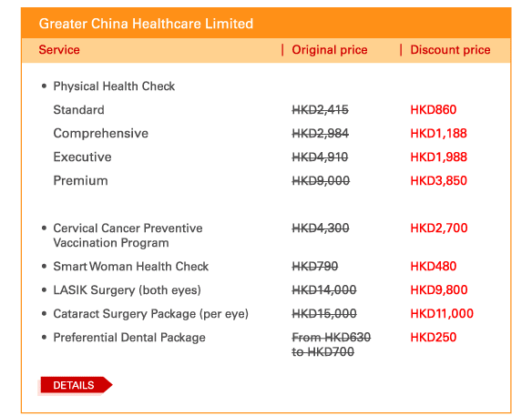 Greater China Healthcare Limited

 - 	Physical Health Check
	Standard | Original price HKD2,415 | Discount price HKD860
	Comprehensive | Original price HKD2,984 | Discount price HKD1,188
	Executive | Original price HKD4,910 | Discount price HKD1,988
	Premium	 | Original price HKD9,000 | Discount price HKD3,850

 - 	Cervical Cancer Preventive Vaccination Program	 | Original price HKD4,300 | Discount price HKD2,700
 - 	Smart Woman Health Check | Original price HKD790		 | Discount price HKD480
 - 	LASIK Surgery (both eyes) | Original price HKD14,000		 | Discount price HKD9,800
 - 	Cataract Surgery Package (per eye) | Original price HKD15,000 | Discount price HKD11,000
 - 	Preferential Dental Package	 | Original price From HKD630	to HKD700 | Discount price HKD250
			
DETAILS