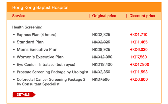 Hong Kong Baptist Hospital

Service	| Original price | Discount price

Health Screening
 - 	Express Plan (4 hours)	| Original price HKD2,825 | Discount price HKD1,710 
 - 	Standard Plan	| Original price HKD2,925 | Discount price HKD1,485 
 - 	Men's Executive Plan | Original price HKD9,925 | Discount price HKD6,030 
 - 	Women's Executive Plan	| Original price HKD12,380 | Discount price HKD7,560 
 - 	Eye Center - Intralase (both eyes)	| Original price HKD18,400 | Discount price HKD17,800 
 - 	Prostate Screening Package by Urologist	| Original price HKD2,350 | Discount price HKD1,593 
 - 	Colorectal Cancer Screening Package 2 by Consultant Specialist	| Original price HKD7,500 | Discount price HKD6,600 

DETAILS