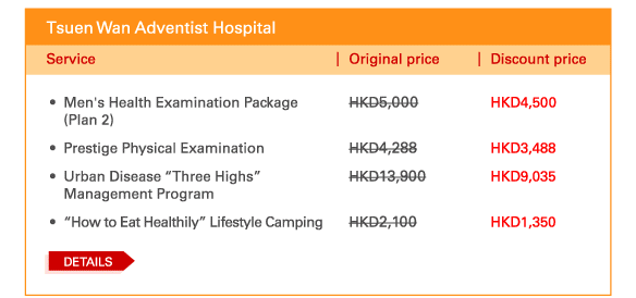 Tsuen Wan Adventist Hospital 
 - 	Men's Health Examination Package (Plan 2) | Original price HKD5,000 | Discount price HKD4,500 
 - 	Prestige Physical Examination | Original price HKD4,288 | Discount price HKD3,488 
 - 	Urban Disease “Three Highs” Management Program | Original price HKD13,900 | Discount price HKD9,035 
 - 	“How to Eat Healthily” Lifestyle Camping | Original price HKD2,100 | Discount price HKD1,350 
	DETAILS