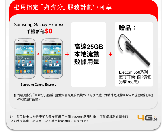 選用指定「齊齊分」服務計劃¶，可享：
Samsung Galaxy Express手機兩部$0
Samsung Galaxy Express X 2 + 高達25GB本地流動數據用量 +
贈品： Elecom 350系列藍芽耳機1個（價值 港幣368元）
¶ 須選用指定「齊齊分」服務計劃並簽署最短合約期24個月及預繳。須繳付每月港幣12元之流動通訊服務牌照費及行政費。
註：每位持卡人於推廣期內最多可選用三個one2free服務計劃，而每個服務計劃申請只可獲享其中一項優惠一次。禮品數量有限，送完即止。