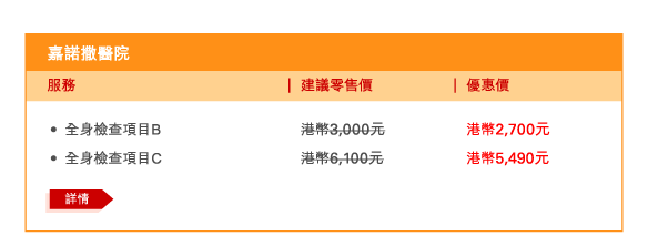 嘉諾撒醫院 
 - 	全身檢查項目B | 建議零售價港幣3,000元 | 優惠價港幣2,700元 
 - 	全身檢查項目C | 建議零售價港幣6,100元 | 優惠價港幣5,490元 
	詳情