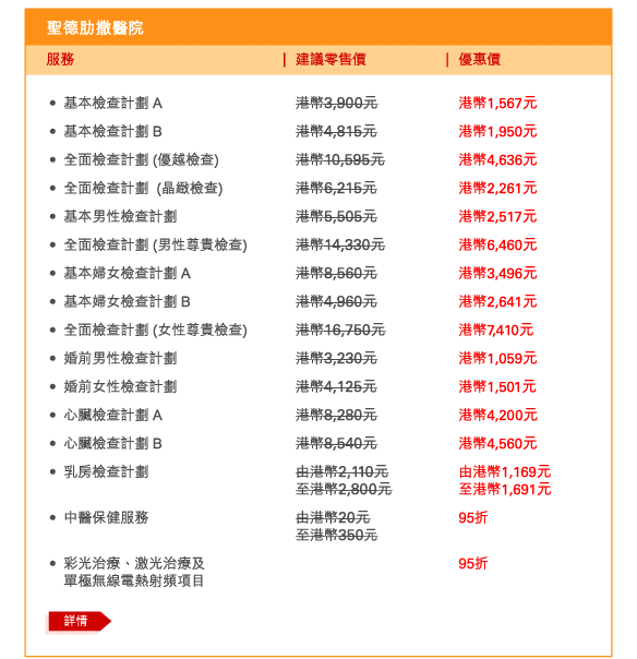 聖德肋撒醫院 
 - 	基本檢查計劃 A | 建議零售價港幣3,900元 | 優惠價港幣1,567元 
 - 	基本檢查計劃 B | 建議零售價港幣4,815元 | 優惠價港幣1,950元 
 - 	全面檢查計劃 (優越檢查) | 建議零售價港幣10,595元 | 優惠價港幣4,636元 
 - 	全面檢查計劃  (晶緻檢查) | 建議零售價港幣6,215元 | 優惠價港幣2,261元 
 - 	基本男性檢查計劃 | 建議零售價港幣5,505元 | 優惠價港幣2,517元 
 - 	全面檢查計劃 (男性尊貴檢查) | 建議零售價港幣14,330元 | 優惠價港幣6,460元 
 - 	基本婦女檢查計劃 A | 建議零售價港幣8,560元 | 優惠價港幣3,496元 
 - 	基本婦女檢查計劃 B | 建議零售價港幣4,960元 | 優惠價港幣2,641元 
 - 	全面檢查計劃 (女性尊貴檢查) | 建議零售價港幣16,750元 | 優惠價港幣7,410元 
 - 	婚前男性檢查計劃 | 建議零售價港幣3,230元 | 優惠價港幣1,059元 
 - 	婚前女性檢查計劃 | 建議零售價港幣4,125元 | 優惠價港幣1,501元 
 - 	心臟檢查計劃 A | 建議零售價港幣8,280元 | 優惠價港幣4,200元 
 - 	心臟檢查計劃 B | 建議零售價港幣8,540元 | 優惠價港幣4,560元 
 - 	乳房檢查計劃 | 建議零售價由港幣2,110元至港幣2,800元 | 優惠價由港幣1,169元至港幣1,691元 
 - 	中醫保健服務 | 建議零售價由港幣20元至港幣350元 | 優惠價95折 
 - 	彩光治療、激光治療及單極無線電熱射頻項目 | 優惠價95折 
	詳情
