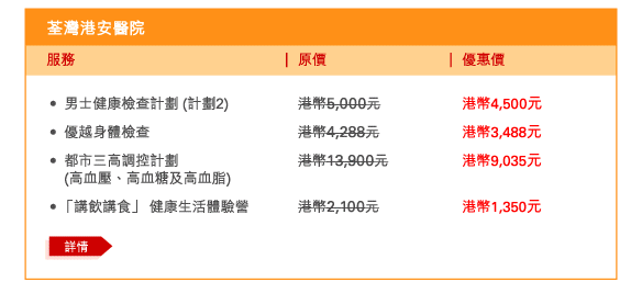 荃灣港安醫院 
 - 	男士健康檢查計劃 (計劃2) | 原價港幣5,000元 | 優惠價港幣4,500元 
 - 	優越身體檢查 | 原價港幣4,288元 | 優惠價港幣3,488元 
 - 	都市三高調控計劃 (高血壓、高血糖及高血脂) | 原價港幣13,900元 | 優惠價港幣9,035元 
 - 「講飲講食」健康生活體驗營 | 原價港幣2,100元 | 優惠價港幣1,350元 
	詳情