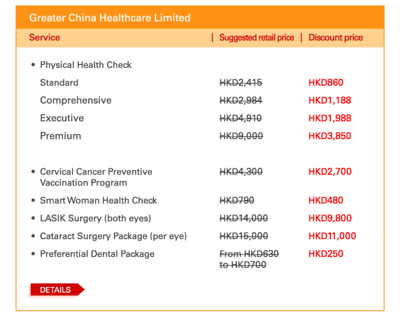 Greater China Healthcare Limited    - 	Physical Health Check  	Standard | Suggested retail price HKD2,415 | Discount price HKD860  	Comprehensive | Suggested retail price HKD2,984 | Discount price HKD1,188  	Executive | Suggested retail price HKD4,910 | Discount price HKD1,988  	Premium	 | Suggested retail price HKD9,000 | Discount price HKD3,850    - 	Cervical Cancer Preventive Vaccination Program | Suggested retail price HKD4,300 | Discount price HKD2,700   - 	Smart Woman Health Check | Suggested retail price HKD790 | Discount price HKD480   - 	LASIK Surgery (both eyes) | Suggested retail price HKD14,000 | Discount price HKD9,800   - 	Cataract Surgery Package (per eye) | Suggested retail price HKD15,000 | Discount price HKD11,000   - 	Preferential Dental Package	 | Suggested retail price From HKD630 to HKD700 | Discount price HKD250  			 DETAILS