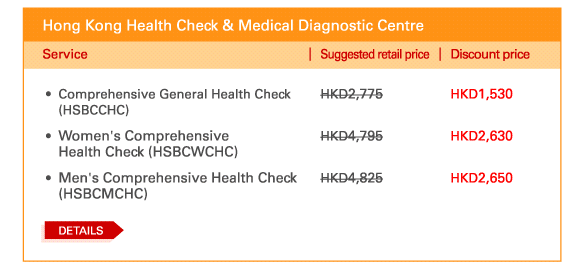Hong Kong Health Check & Medical Diagnostic Centre   - 	Comprehensive General Health Check (HSBCCHC) | Suggested retail price HKD2,775 | Discount price HKD1,530   - 	Women's Comprehensive Health Check (HSBCWCHC) | Suggested retail price HKD4,795 | Discount price HKD2,630   - 	Men's Comprehensive Health Check (HSBCMCHC) | Suggested retail price HKD4,825 | Discount price HKD2,650  	DETAILS