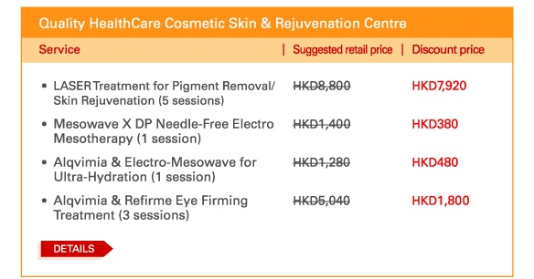 Quality HealthCare Cosmetic Skin & Rejuvenation Centre   - 	LASER Treatment for Pigment Removal/Skin Rejuvenation (5 sessions) | Suggested retail price HKD8,800 | Discount price HKD7,920   - 	Mesowave X DP Needle-Free Electro Mesotherapy (1 session) | Suggested retail price HKD1,400 | Discount price HKD380   - 	Alqvimia & Electro-Mesowave for Ultra-Hydration (1 session) | Suggested retail price HKD1,280 | Discount price HKD480   - 	Alqvimia & Refirme Eye Firming Treatment (3 sessions) | Suggested retail price HKD5,040 | Discount price HKD1,800  	DETAILS