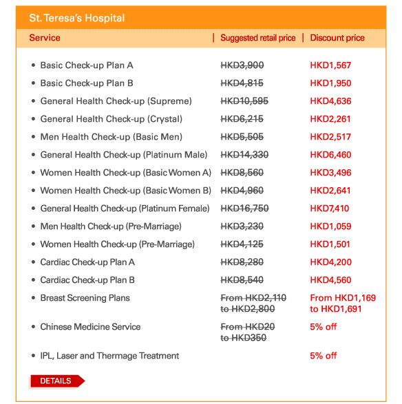 St. Teresa's Hospital   - 	Basic Check-up Plan A | Suggested retail price HKD3,900 | Discount price HKD1,567   - 	Basic Check-up Plan B | Suggested retail price HKD4,815 | Discount price HKD1,950   - 	General Health Check-up (Supreme) | Suggested retail price HKD10,595 | Discount price HKD4,636   - 	General Health Check-up (Crystal) | Suggested retail price HKD6,215 | Discount price HKD2,261   - 	Men Health Check-up (Basic Men) | Suggested retail price HKD5,505 | Discount price HKD2,517   - 	General Health Check-up (Platinum Male) | Suggested retail price HKD14,330 | Discount price HKD6,460   - 	Women Health Check-up (Basic Women A) | Suggested retail price HKD8,560 | Discount price HKD3,496   - 	Women Health Check-up (Basic Women B) | Suggested retail price HKD4,960 | Discount price HKD2,641   - 	General Health Check-up (Platinum Female) | Suggested retail price HKD16,750 | Discount price HKD7,410   - 	Men Health Check-up (Pre-Marriage) | Suggested retail price HKD3,230 | Discount price HKD1,059   - 	Women Health Check-up (Pre-Marriage) | Suggested retail price HKD4,125 | Discount price HKD1,501   - 	Cardiac Check-up Plan A | Suggested retail price HKD8,280 | Discount price HKD4,200   - 	Cardiac Check-up Plan B | Suggested retail price HKD8,540 | Discount price HKD4,560   - 	Breast Screening Plans | Suggested retail price From HKD2,110 to HKD2,800 | Discount price From HKD1,169 to HKD1,691  - 	Chinese Medicine Service | Suggested retail price From HKD20 to HKD350 | Discount price 5% off 		  - 	IPL, Laser and Thermage Treatment | Discount price 5% off     DETAILS