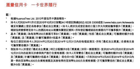 匯豐信用卡 一卡世界隨行 

註： 
1. 根據NuanceTree Ltd. 2013年度信用卡調查報告。 
2. 持卡人可於2014年1月1日至2015年10月31日致電24小時登記熱線(852) 8228 3308或登入www.hsbc.com.hk/rewards填妥有關網上登記表格參加「最紅自主獎賞」。持卡人將於完成登記後的三個工作天內開始獲享額外「獎賞錢」，確認信將會郵寄至持卡人的通訊地址以確實有關登記資料。所有登記獲確認前的簽賬均不可獲享額外「獎賞錢」。 
3. 基本「獎賞錢」為每港幣250元簽賬可享$1「獎賞錢」。6倍「獎賞錢」包括「最紅自主獎賞」可獲贈的額外5倍「獎賞錢」及「獎賞錢」計劃可獲贈的1倍基本「獎賞錢」。 
4. 每位已登記的持卡人於2014年2月20日至2014年12月31日內的每個星期五，所有「最紅自主獎賞」合資格交易可獲享雙倍額外「獎賞錢」。 
5. 假設持卡人於登記「最紅自主獎賞」時已分配額外5倍「獎賞錢」於同一簽賬類別，並於2014年2月20日至2014年12月31日內的星期五於參與商戶進行合資格簽賬，持卡人可享雙倍「最紅自主獎賞」可獲贈的額外5倍「獎賞錢」及「獎賞錢」計劃可獲贈的1倍基本「獎賞錢」，即合共11倍「獎賞錢」。只有於2014年2月20日至2014年12月31日內第一季的首港幣4,500元合資格簽賬及其後每季的首港幣9,000元合資格簽賬，方可獲享雙倍的「最紅自主獎賞」額外5倍「獎賞錢」。 