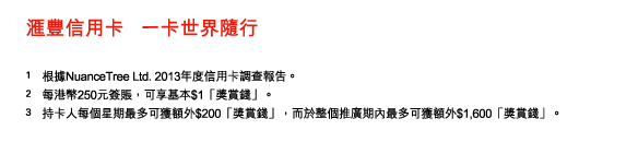 匯豐信用卡 一卡世界隨行 

1. 根據NuanceTree Ltd. 2013年度信用卡調查報告。 
2. 每港幣250元簽賬，可享基本$1「獎賞錢」。 
3. 持卡人每個星期最多可獲額外$200「獎賞錢」，而於整個推廣期內最多可獲額外$1,600「獎賞錢」。 