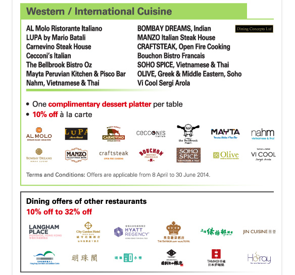 Western / International Cuisine 

AL Molo Ristorante Italiano | BOMBAY DREAMS, Indian | LUPA by Mario Batali | MANZO Italian Steak House | Carnevino Steak House | CRAFTSTEAK, Open Fire Cooking | Cecconi’s Italian | Bouchon Bistro Francais | The Bellbrook Bistro Oz | SOHO SPICE, Vietnamese & Thai | Mayta Peruvian Kitchen & Pisco Bar | OLIVE, Greek & Middle Eastern, Soho | Nahm, Vietnamese & Thai | Vi Cool Sergi Arola 

-One complimentary dessert platter per table 
-10% off a la carte 

Terms and Conditions: Offers are applicable from 8 April to 30 June 2014. 

Dining offers of other restaurants 
10% off to 32% off 

Langham Place, Mongkok, Hong Kong | City Garden Hotel | Hyatt Regency Hong Kong, Tsim Sha Tsui | Golden Valley, The Emperor (Happy Valley) Hotel | Shanghai Lu Yang Cun Restaurant | JIN CUISINE | Hong Kong Convention and Exhibition Centre | Pearl Delights | Pearl Dining House | Mekiki no Ginji | Tamashii | Hooray 