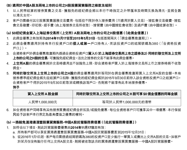 （B）適用於中國A股及兩地上市的公司之H股股票買賣服務之條款及細則 
1. 以人民幣結算的證券買賣之交易，獲豁免的經紀佣金將以本行不時指定之外幣匯率及時間兌換為港元，並將全數以港元支付。 
2. 客戶仍需繳付其它股票買賣服務交易費用，包括但不限於存入證券費用（只適用於買入交易）、證監會交易徵費、證監會交易徵費、印花稅、經手費（由上海證券交易所收取）、證管費（由中國證監會收取）及過戶費（由中國結算收取）。 
（a）$0經紀佣金買入上海証券交易所（上交所）A股及兩地上市的公司之H股優惠（「此佣金優惠」） 
1. 此佣金優惠之有效期為2014年11月17日至2015年5月31日，包括首尾兩天（「佣金優惠推廣期」）。 
2. 此佣金優惠適用於持有本行投資戶口的個人或第一戶口持有人，而該投資戶口的結尾號碼為380（「合資格投資戶口」）。 
3. 合資格客戶於佣金優惠推廣期內透過合資格投資戶口買入1）於上海證券交易所上市之證券及2）同時於聯交所及上交所上市的公司之H股的交易，可獲豁免經紀佣金。沽出之證券的交易不能享有此佣金優惠。 
4. 上交所A股的佣金優惠將於交易時適用且不設豁免上限，即合資格客戶買入於上海證券交易所上巿之證券時將不收取佣金。
5. 同時於聯交所及上交所上市的公司之H股的佣金優惠適用於等同於在佣金優惠推廣期買入上交所A股的金額。本地證券標準經紀佣金將先從結算戶口扣除，獲豁免的經紀佣金將於2015年9月30日前存入該合資格投資戶口之結算戶口。合資格客戶不得於2015年9月30日前取消或轉換該等戶口，否則將不能享有此本地證券優惠。 
例子 
買入上交所A股金額：人民幣1,000,000元 
同時於聯交所及上交所上市的公司之H股可享$0佣金優惠的同等金額：等同於人民幣1,000,000元的港幣 

6. 如合資格客戶同時享有其他證券買賣經紀佣金折扣及/或豁免優惠，每位合資格客戶只可獲享其中一項優惠，本行保留只給予該客戶本行界定為最高價值之優惠的權利。 
（b）一路豁免滬港通匯豐股票買賣服務-中國A股託管服務費優惠（「此託管服務費優惠」） 
1. 如符合以下項目，則此託管服務費優惠由2014年11月17日起有效： 
a. 所有客戶都可以享受滬港通匯豐股票買賣服務-中國A股託管服務費直到2015年12月31日； 
b. 從2016年1月1日起，客戶每月需透過結尾號碼為380的投資戶口至少進行一單買入或賣出上交所A股的交易。如客戶於某月份沒有進行任何上交所A股交易，則將被收取該月的滬港通匯豐股票買賣服務—中國A股託管服務費。 