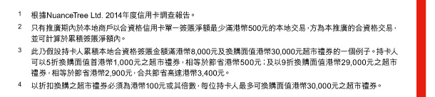 1. 根據NuanceTree Ltd. 2014年度信用卡調查報告。 
2. 只有推廣期內於本地商戶以合資格信用卡單一簽賬淨額最少滿港幣500元的本地交易，方為本推廣的合資格交易，並可計算於累積簽賬淨額內。 
3. 此乃假設持卡人累積本地合資格簽賬金額滿港幣8,000元及換購面值港幣30,000元超市禮券的一個例子。持卡人可以5折換購面值首港幣1,000元之超市禮券，相等於節省港幣500元；及以9折換購面值港幣29,000元之超市禮券，相等於節省港幣2,900元，合共節省高達港幣3,400元。
4. 以折扣換購之超市禮券必須為港幣100元或其倍數，每位持卡人最多可換購面值港幣30,000元之超市禮券。 
