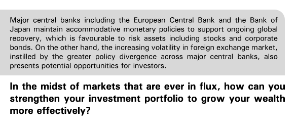 Major central banks including the European Central Bank and the Bank of Japan maintain accommodative monetary policies to support ongoing global recovery, which is favourable to risk assets including stocks and corporate bonds. On the other hand, the increasing volatility in foreign exchange market, instilled by the greater policy divergence across major central banks, also presents potential opportunities for investors. 

In the midst of markets that are ever in flux, how can you strengthen your investment portfolio to grow your wealth more effectively?