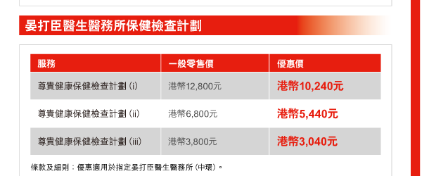 晏打臣醫生醫務所保健檢查計劃 

服務 | 尊貴健康保健檢查計劃（i） 
一般零售價 | 港幣12,800元 
優惠價 | 港幣10,240元 

服務 | 尊貴健康保健檢查計劃（ii） 
一般零售價 | 港幣6,800元 
優惠價 | 港幣5,440元 

服務 | 尊貴健康保健檢查計劃（iii） 
一般零售價 | 港幣3,800元 
優惠價 | 港幣3,040元 

條款及細則：優惠適用於指定晏打臣醫生醫務所（中環）。 