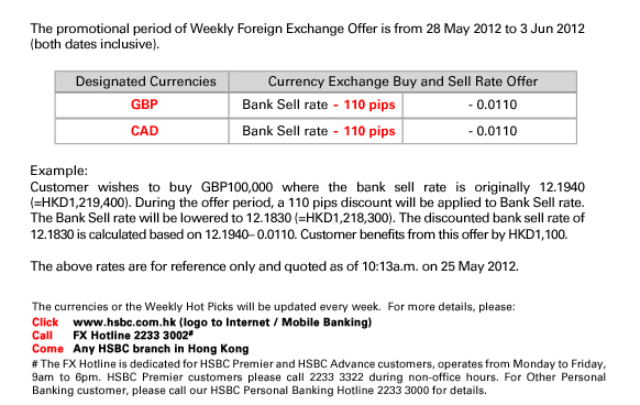 The promotional period of Weekly Foreign Exchange Offer is from 28 May 2012 to 3 Jun 2012 (both dates inclusive).
Designated Currencies/Currency Exchange Buy and Sell Rate Offer
GBP/Bank Sell rate – 110 pips/- 0.0110
CAD/Bank Sell rate – 110 pips/- 0.0110
Example:
Customer wishes to buy GBP100,000 where the bank sell rate is originally 12.1940 (=HKD1,219,400). During the offer period, a 110 pips discount will be applied to Bank Sell rate. The Bank Sell rate will be lowered to 12.1830
(=HKD1,218,300). The discounted bank sell rate of 12.1830 is calculated based on 12.1940– 0.0110. Customer benefits
from this offer by HKD1,100.

The above rates are for reference only and quoted as of 10:13a.m. on 25 May 2012.

Call             FX Hotline  2233 3002 

Download  HSBC Mobile Banking iPhone App


          