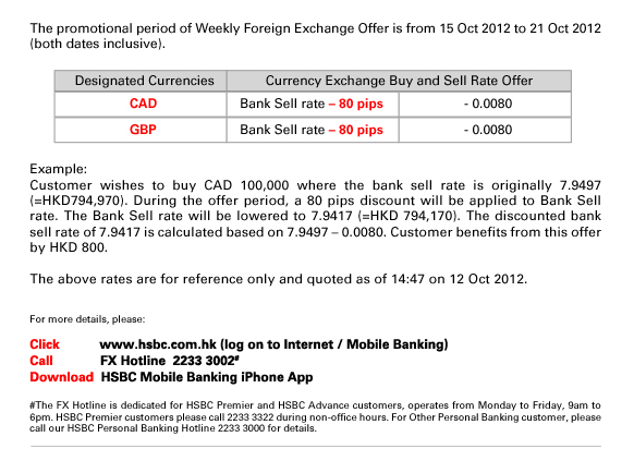 The promotional period of Weekly Foreign Exchange Offer is from 15 Oct 2012 to 21 Oct 2012 (both dates inclusive).
                  
Designated Currencies/Currency Exchange Buy and Sell Rate Offer
CAD/Bank Sell rate – 80 pips/- 0.0080
GBP/Bank Sell rate – 80 pips/- 0.0080

Example:
Customer wishes to buy CAD 100,000 where the bank sell rate is originally 7.9497 (=HKD794,970). During the offer period, a 80 pips discount will be applied to Bank Sell rate. The Bank Sell rate will be lowered to 7.9417 (=HKD 794,170). The discounted bank sell rate of 7.9417 is calculated based on 7.9497 – 0.0080. Customer benefits from this offer by HKD 800.

The above rates are for reference only and quoted as of 14:47 on 12 Oct 2012.

HSBC FX Top Line.
Today on FX.
For the latest FX market information to help you capture investment
opportunities, please visit the HSBC website.

Call             FX Hotline  2233 3002 

Download  HSBC Mobile Banking iPhone App


          