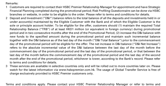 Remarks:
1. Customers are required to contact their HSBC Premier Relationship Manager for appointment and have Strategic Financial Planning completed during the promotional period; Risk Profiling Questionnaire can be done via HSBC branches or website, in order to be eligible to the order. Please refer to terms and conditions for details.　
2. Deposit and Investment (”D&I”) balance refers to the total balance of all the deposits and investments held in or under account(s) maintained by the Eligible Customer with the Bank and of which the Eligible Customer is the sole or principle account holder. To be eligible for the offer, customers should (1) maintain the required Total Relationship Balance (“TRB”) of at least HKD1 million (or equivalent in foreign currency) during promotional period and in two consecutive months after the end of the Promotional Period, (2) increase the D&I balance with new funds to the specified amount during the promotional period and maintain such incremental balance together with the D&I balance as of the last day of the month (“D&I Total Balance”) prior to the commencement day of the promotional period will be eligible for the offer. The net increase in D&I balance (“D&I Net Increase”) refers to the absolute incremental value of the D&I balance between the last day of the month before the commencement day of the promotional period and the last day of the promotional period, or that between the last day of the month before the commencement day of the promotional period and the last day of the second month after the end of the promotional period, whichever is lower, according to the Bank’s record. Please refer to terms and conditions for details.
3. These services are available in selective countries only and will be rolled out to more countries later on. Please watch for the latest information via www.hsbcpremier.com.hk. The usage of Global Transfer Service is free of charge exclusively provided to HSBC Premier customers only.

Terms and conditions apply. Please contact your HSBC Premier Relationship Manager or refer to terms and conditions by clicking here for details.