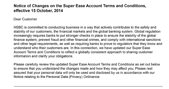 Notice Of Changes On The Super Ease Account Terms And Conditions ...