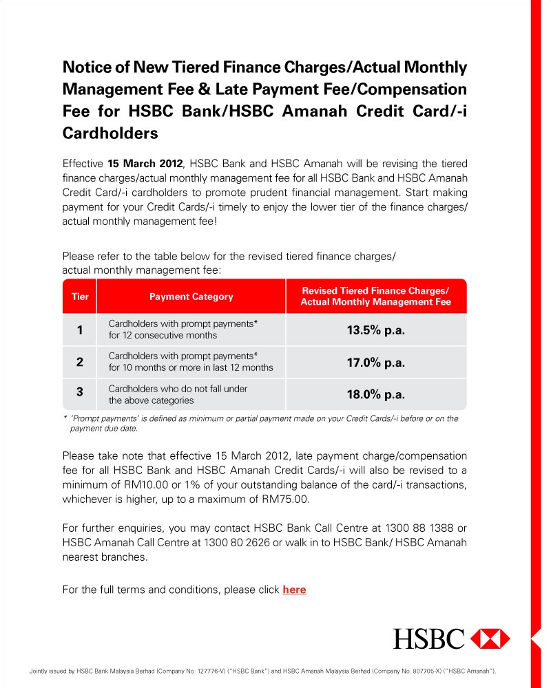 Notice of new tiered finance charges/actual monthly management fee and late payment fee/compensation fee for HSBC Bank/HSBC Amanah Credit Card/-i Cardholders