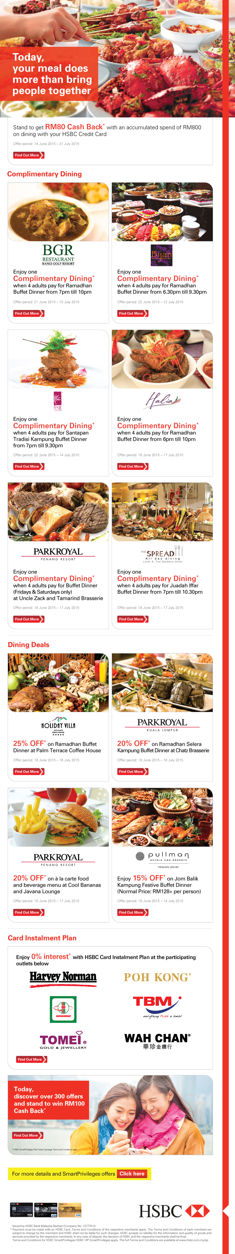 Enjoy up to 25% OFF or get 1 complimentary when 4 adults pay this Ramadhan with your HSBC Card