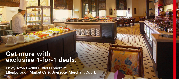 Get more with exclusive 1-for-1 deals. Enjoy 1-for-1 Adult Buffet Dinner* at Ellenborough Market Cafe, Swissotel Merchance Court.