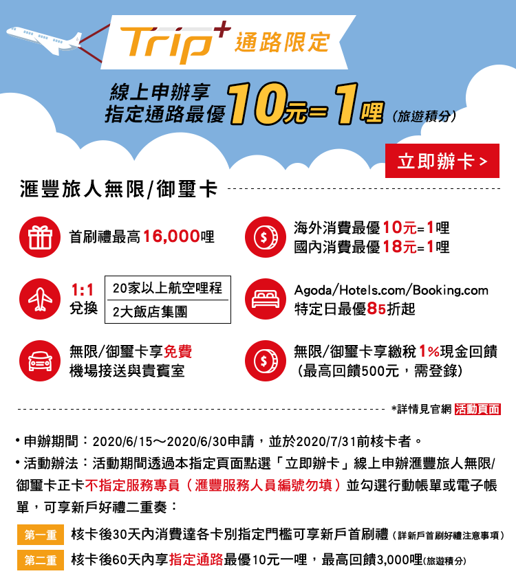 滙豐旅人無限/御璽/輕旅卡 社團限定線上申辦享滿額禮6,600哩(旅遊積分)