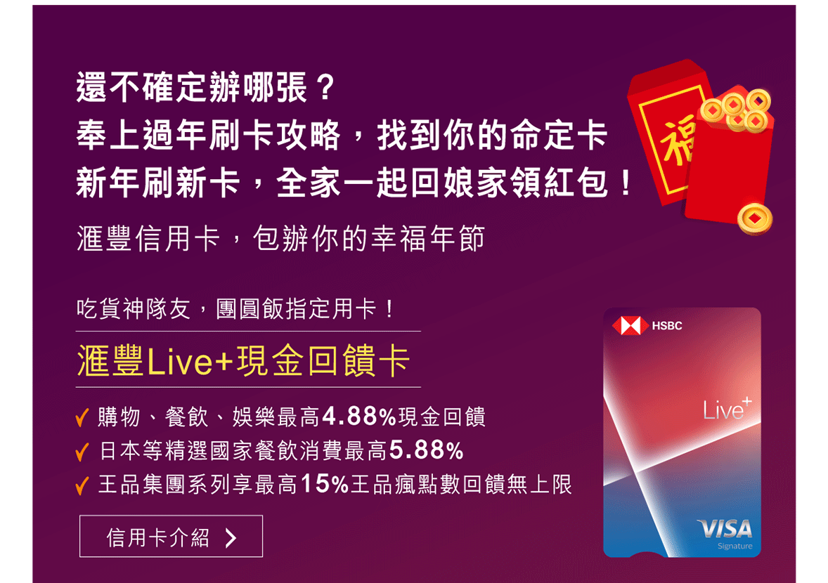 專屬優惠！滙豐卡友回娘家，領好運連連開年紅包，加辦信用卡消費達檻享188元刷卡金回饋